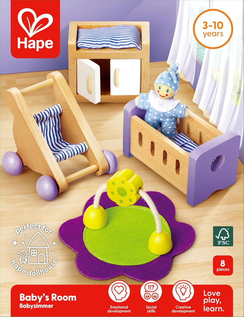 Set Playset Hape Wooden Doll House Furniture Baby's Room with Baby| Pretend for Kids Wooden Dollhouse