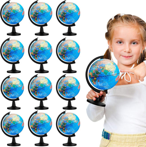12 Pieces World Globe with Stand - 4.6 Inches Educational Geographic Globe for Kids, Classroom Desk Decor, Blue
