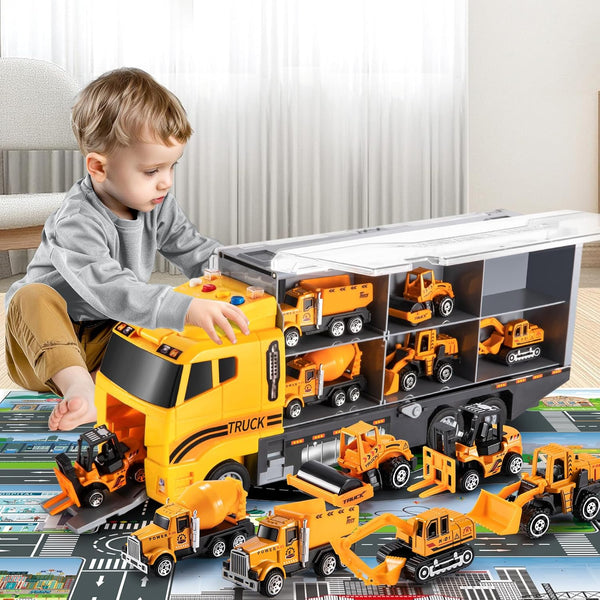 Toddler Construction Toys Car Transport Vehicle with Play Mat, Die-cast Alloy Engineering Gifts for Kids