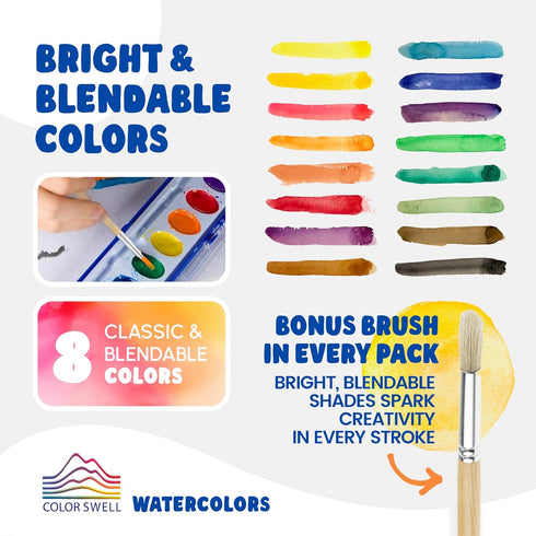 Pack 36 Sets 8 Color Swell Bulk Watercolors Paint with Wood Brushes - with Washable Colors Each - Perfect for Kids