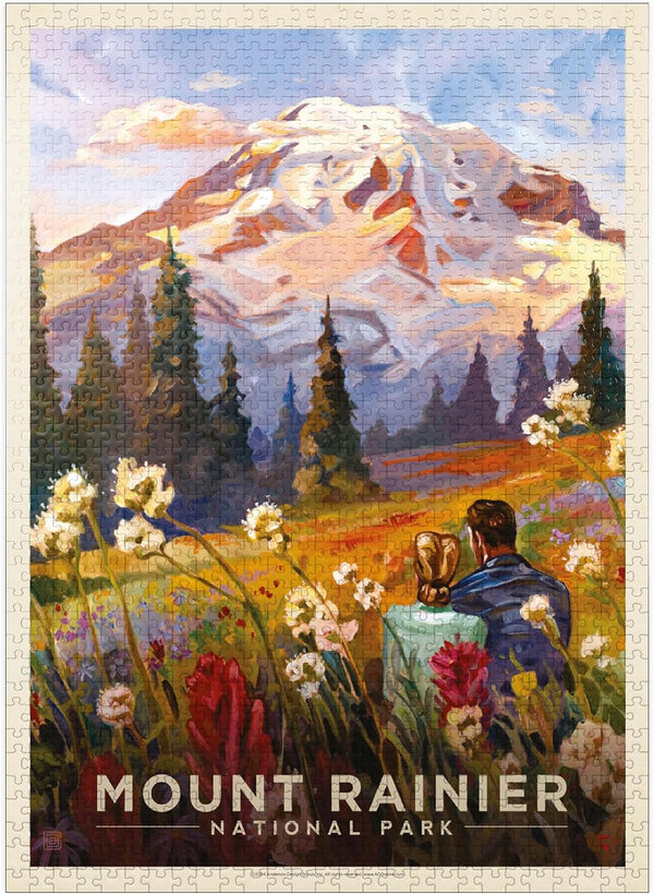 MyPuzzle Mount Rainier National Park: Moment in The Meadow, Vintage Poster - 1000 Piece Jigsaw Puzzle