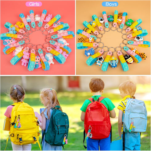 28 Pack Pop Fidget Toys Bulk Keychain for Kids, Mini Pop Its with 3D Animal Cute Keychains