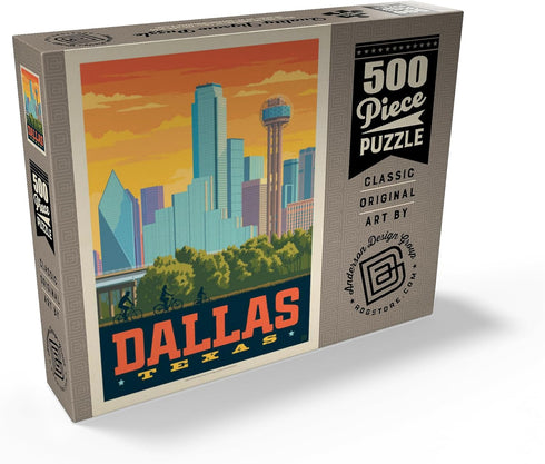 MyPuzzle Dallas, Texas: Sunset Skyline Vintage Poster, Premium 500 Piece Jigsaw Puzzle for Adults
