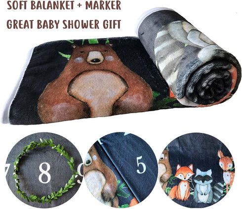 Woodland Baby Monthly Milestone Fleece Blanket, Black, 50x40, Includes Marker for Baby Photos