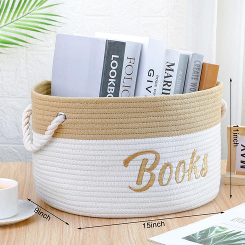 2 Pack Cotton Rope Storage Baskets, Embroidered Book Storage Bins with Handles, 15 x 11 x 9 Inches for Nursery