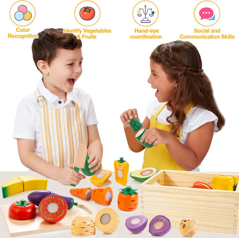 Set Set 3+ Wooden Play Food for Kids Kitchen | Cutting Veggies & Fruits Toy Food with Storage Case & Bag, Play Kitchen