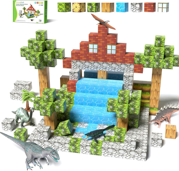 Veecafiodi Magnetic Blocks 108PCS, Dinosaur Magnetic Building Blocks with 6 Dinosaur Figures,