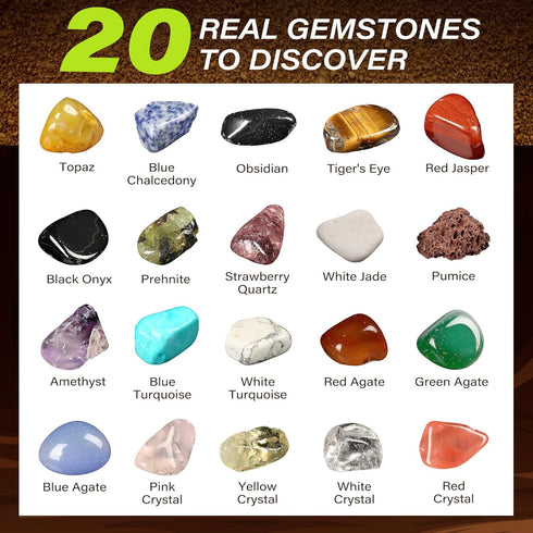 LotFancy Gemstone Dig Kit, Excavate 20 Real Gems, Science Kit for Kids Age 8-12, Educational Toy with Mining Tools