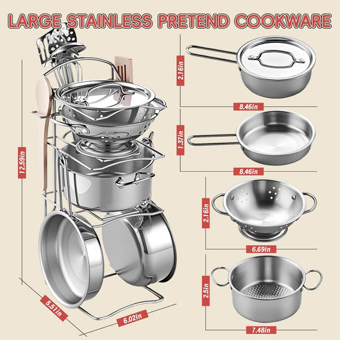 Set, Playset 2 Play Kitchen Accessories, Large Stainless Steel Toddler Cooking Kids Kitchen with Cutting Play Food