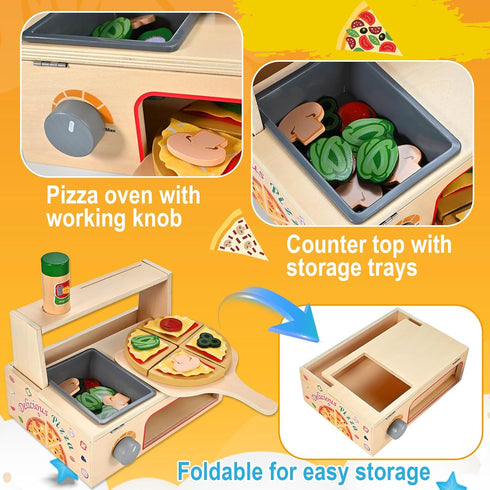 Counter Playset 3+ Wooden Pizza Toy, Wooden Pizza with Bake Oven, Montessori Pretend Play Toys, Play Food