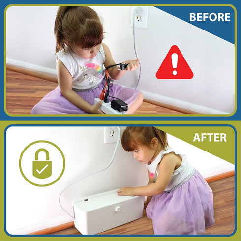 Power Strip Cover Box - Effectively Baby Proofs Power Strip with Patented Dual Lock. Convenient Side Openings for Cords