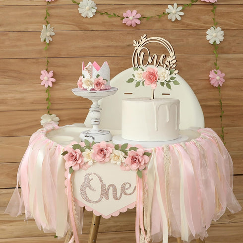 1st Wildflower High Chair Banner Birthday Decorations For Girl Pink Flower Cake Topper Hat Floral Theme Party