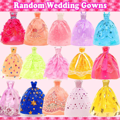 48 PCS Doll Clothes and Accessories 3 PCS Wedding Gowns 3 Tops 3 Pants 3 PCS Fashion Dresses 2 Sets Swimsuits Bikini 6 Braces Skirt 6 Necklace 10 Hangers and 15 pcs Shoes for 11.5 inch Doll