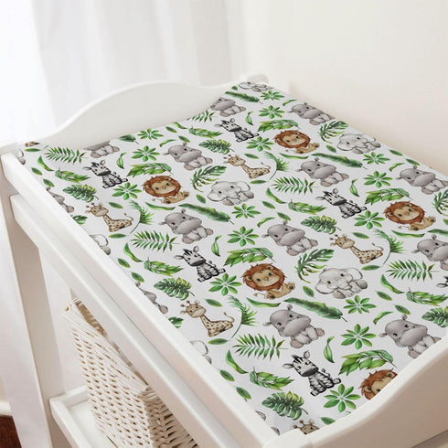 Baby Safari Animals Changing Pad Covers with Tropical Leaves, Soft Breathable Stretch for Diaper Change Table 32''x16''