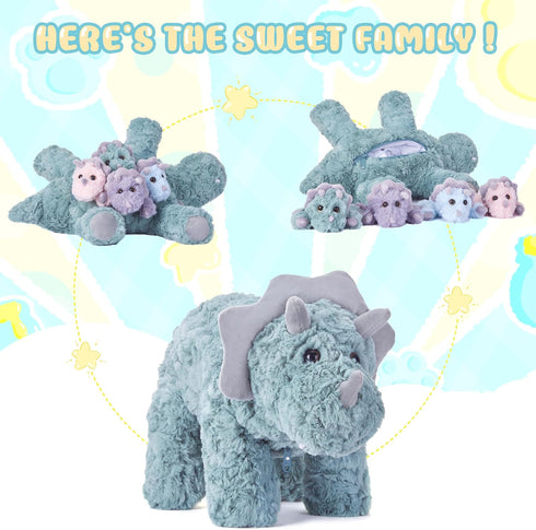 IKASA Triceratops Dinosaur Stuffed Animal Mom and Baby Plush Toy, Cute 18" Huggable Family Set for Kids