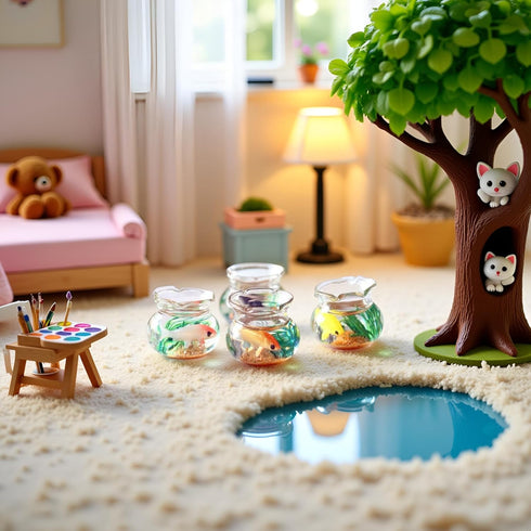 Fansoftiks 2Pcs Miniature Fish Tank Toy Mini Round Fish Bowls Resin Goldfish Grass for Dollhouse Desktop Craft Project