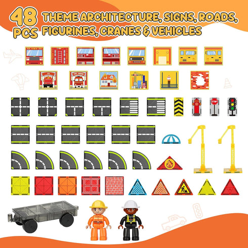 Set 2 2 3-5 5-7, 3+ Magnetic Tiles Road with Fire Trucks & Dolls, Double-Sided Magnet Tiles with Cranes, Toys for Boys