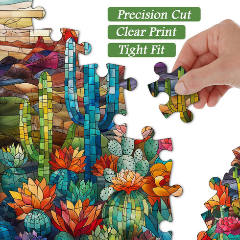 Cactus Puzzles for Adults, 1000 Pieces and up, PICKFORU Stained Glass Puzzle, Colorful Succulent Art