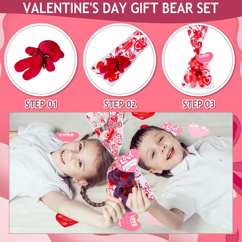 Zonon 144 Pcs Valentine's Day Mini Stuffed Bear Bulk Toy with Gift Bags and Heart Cards, 4.72 Inch Plush Bears