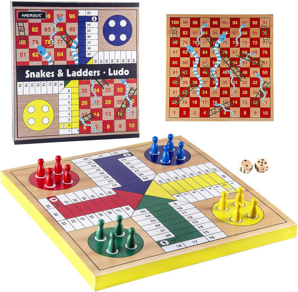 AMEROUS 12 inches Wooden Ludo Board Game - Snakes and Ladders, 2