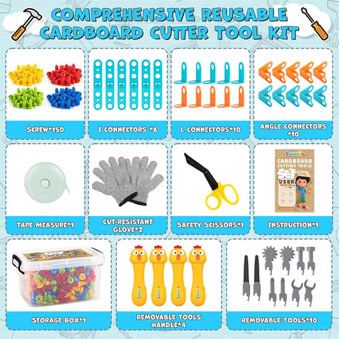 196 5 6 7 8 PCS Cardboard Cutter for Kids, Reusable Safe Cardboard Tools for Kids with Box, Gloves, Screws, Connectors