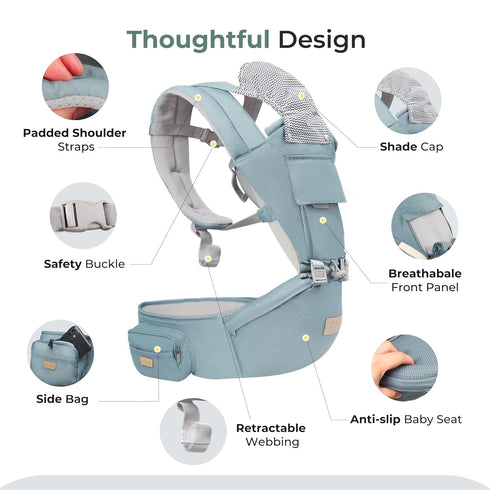 6-in-1 FRUITEAM Baby Carrier with Waist Stool/Hip Seat for Breastfeeding, One Size Fits All - Adapt to Newborn, Infant