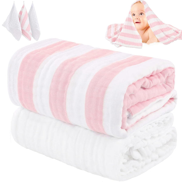 Muslin Baby Towel 5 Pieces Set, 100% Organic Cotton, Soft & Absorbent