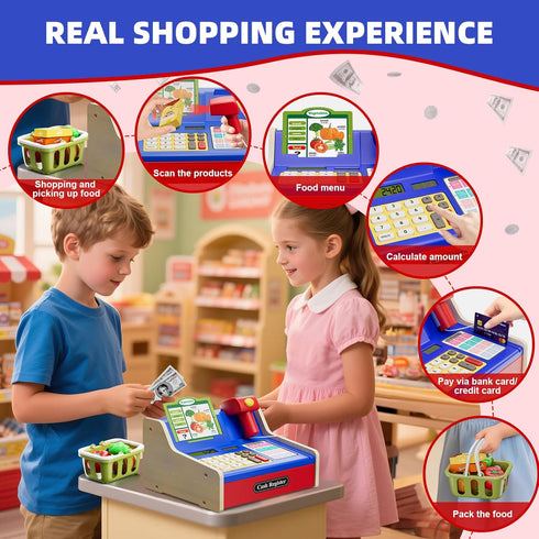 3-5, HYES Rechargeable Wooden Cash Register for Kids, Toy Cash Register with Play Money, Toy Food, Pretend Play