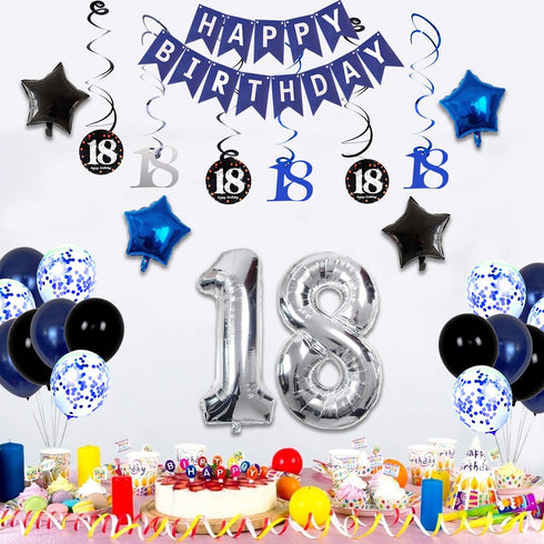 18th Birthday Decorations for Boys and Girls, Dark Blue HAPPY BIRTHDAY Banner, Silver Number 18 Balloons Party Supplies