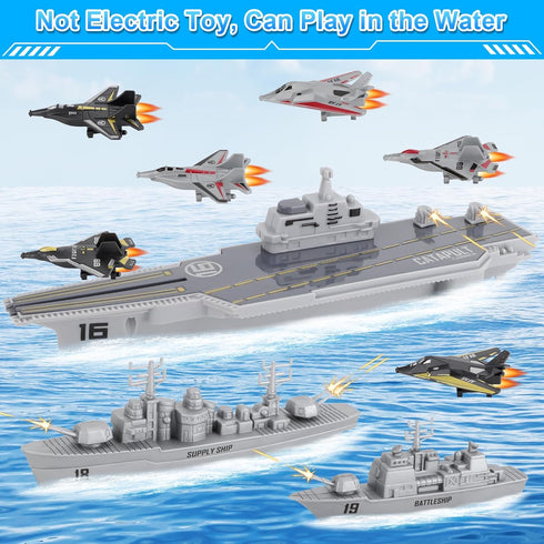 Set Model Military Naval Ship Aircraft Carrier Toy Play with Small Scale Model Planes, Battleship and Supply Ship