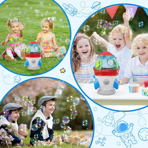 Automatic Bubble Machine, 360° Rotatable Rocket Bubble Blower with Lights & Music for Kids, Indoor Outdoor Use