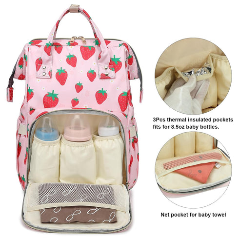 Yusudan Backpack Strawberry Diaper Bag for Baby Girls, Mom Waterproof Large Nappy Bags for Women