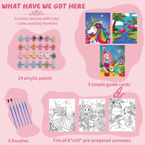 Paint-by-Numbers-Kit-for-Kids, 3 Pack 8x10 Inch Framed Canvas With 24 Acrylic Paints Pots, 6 Brushes For Kids, Paint And Sip Kit For Kids, Predrawn Paint Canvas, Painting Stuff For Teens, Kids Art Set
