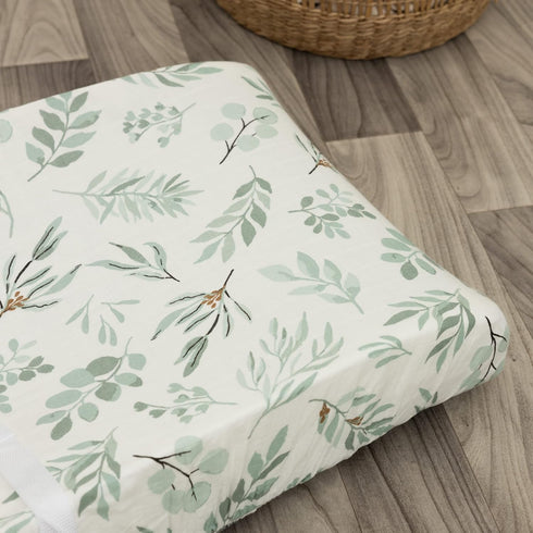Organic Muslin Changing Pad Cover, Fitted Baby Changing Mat, Soft and Breathable, Eucalyptus Leaves, 16”x32”