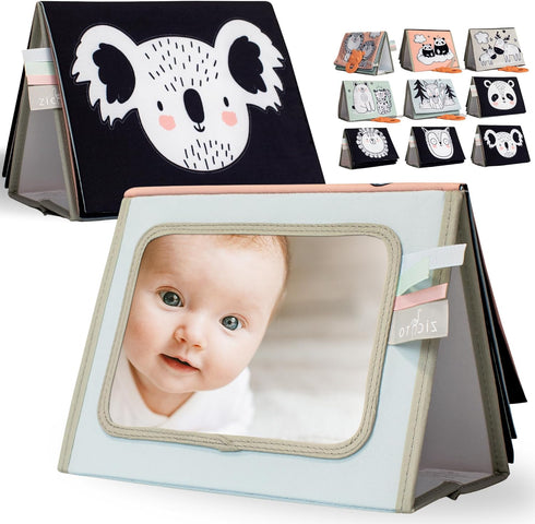 Soft Tummy Time Book with Baby Safe Mirror - High Contrast Montessori Toy with Crinkle Filling & Teether