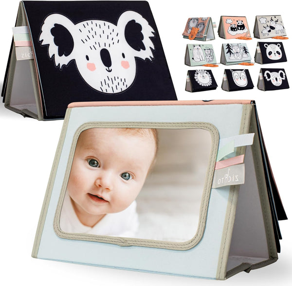 Soft Tummy Time Book with Baby Safe Mirror - High Contrast Montessori Toy with Crinkle Filling & Teether