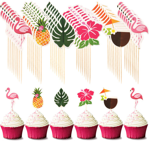 Luau Cupcake Toppers | Tropical Cake Decorations with Flamingo, Pineapple, Palm Leaves | 72 Picks