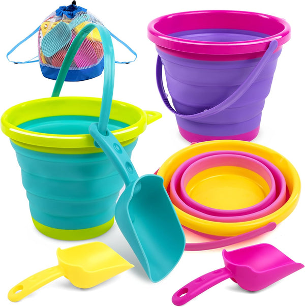 JOYIN Foldable Beach Bucket Set - 3 Packs Collapsible Toy Buckets with