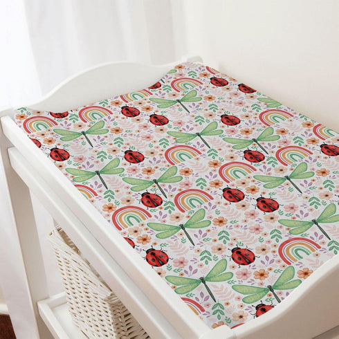 Spring Garden Dragonfly Changing Pad Cover, Boho Retro Flowers Leaves for Boy Girl, Soft Stretch Fitted 32''x16''
