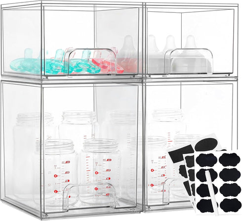 Baby Bottle Organizer, 4 Pack Bottle Storage Organizer Baby with Labels, Clear