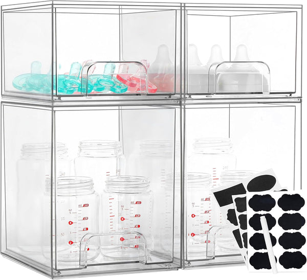 Baby Bottle Organizer, 4 Pack Bottle Storage Organizer Baby with Labels, Clear