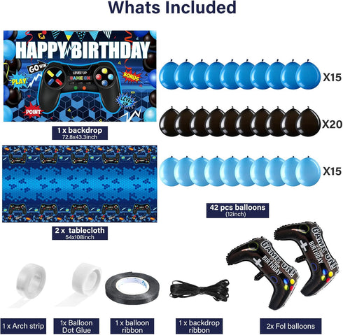 Video Game Birthday Party Decorations Set, Includes Backdrop, Table Covers, Balloons, and Foil Gamer Balloons