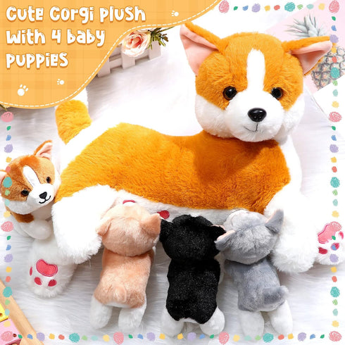 Honoson Nurturing Dog Stuffed Animal with Puppies Set, Nursing Mommy Dog Plush with 4 Baby Puppies