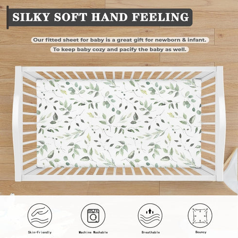 Winpema 28"x52" Floral Green Leaves Fitted Crib Sheet Plant Baby Crib Sheet Fit Standard Crib and Toddler Mattress,Crib