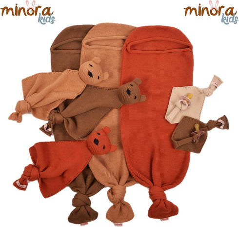 Minora Set, 1 Set (1 1 1 0-8 Newborn Essentials Baby Swaddle Blanket Piece Pacifier Holder, Cocoon Swaddle Sack, Teddy