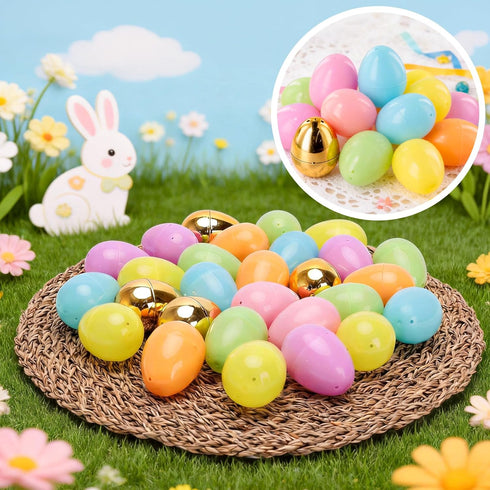 MGparty 100 2.3" 10 PCS Easter Eggs Bulk, Plastic Fillable Easter Eggs in Pastel Colors with Golden Eggs, Empty Eggs