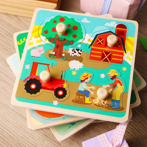 LovesTown 4PCS Wooden Peg Puzzles - Knob Puzzles with Handles for Toddlers Educational Montessori Learning