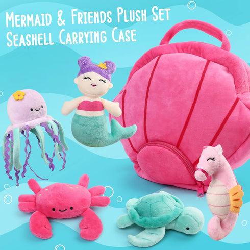 5 Pack Set, BenBen Ocean Stuffed Animal, Small Sea Creature Plush Toys and Shell Carrying Bag Cute Plushies for Baby