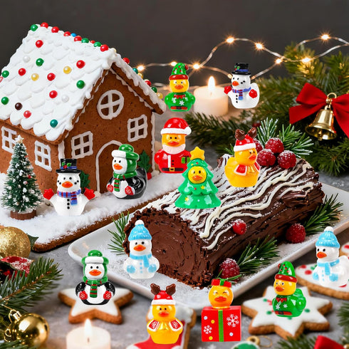 QAUYETM 200Pcs 8 Christmas Mini Ducks Style Miniature Resin Ducks Bulk Xmas Tree Snowman Santa Reindeer Elf Gift Box