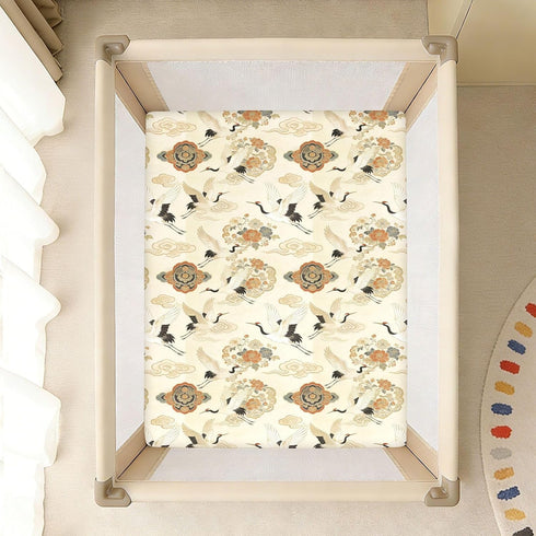 decor gift 1 Pack Japanese Cloud Flower Crane Beige Baby Crib Sheets for Boys Girls Cotton Baby Playard Sheet Soft